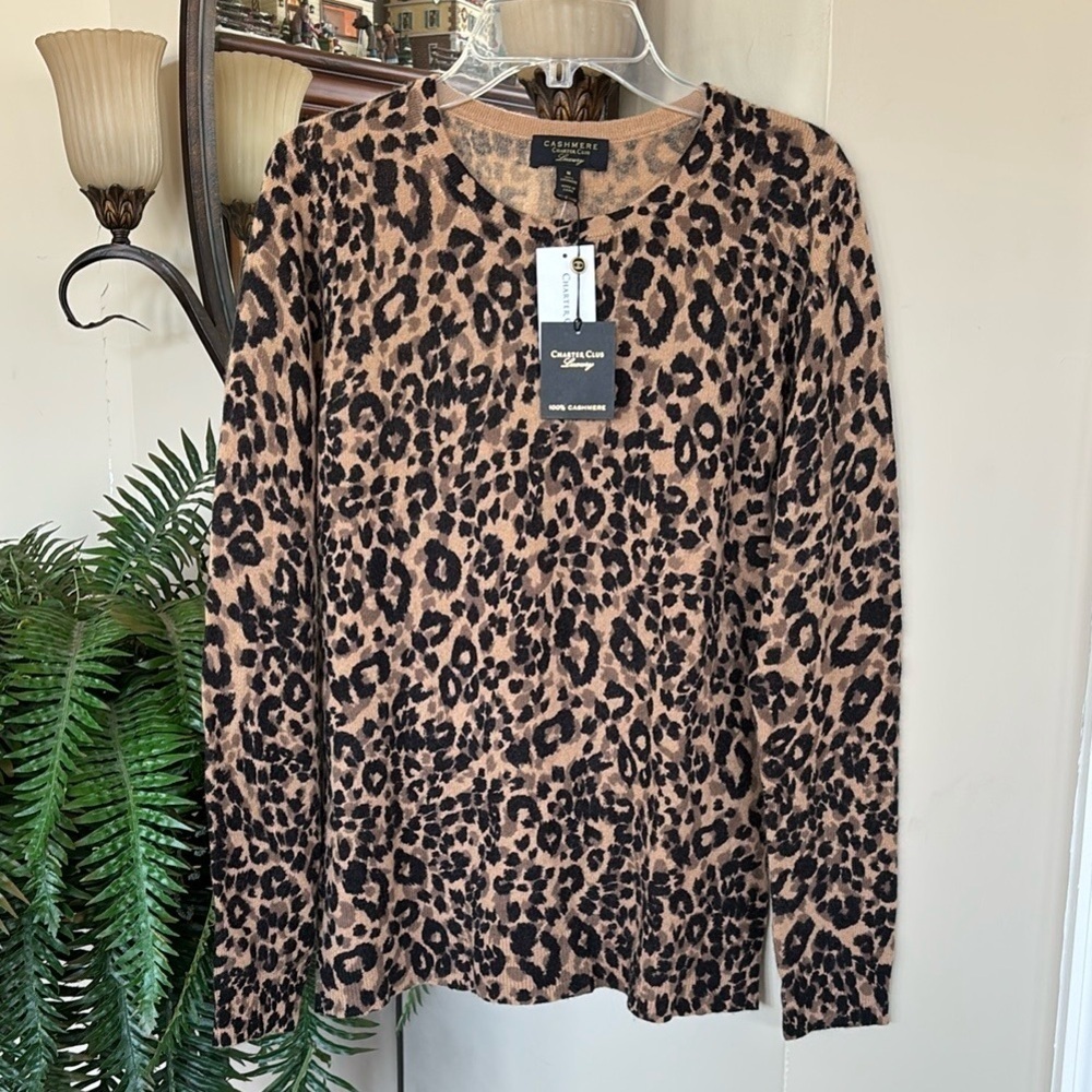 Brand New Charter Club Luxury 100% Cashmere Leopard Print Sweater Crewneck Pecan